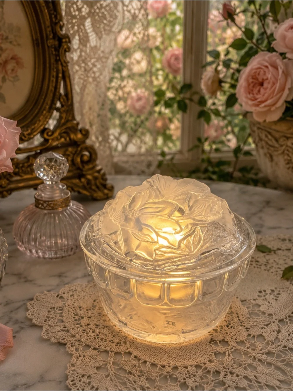 Vintage Frosted Rose Glass Trinket Box Fairy Lamp | Romantic Cottage Decor